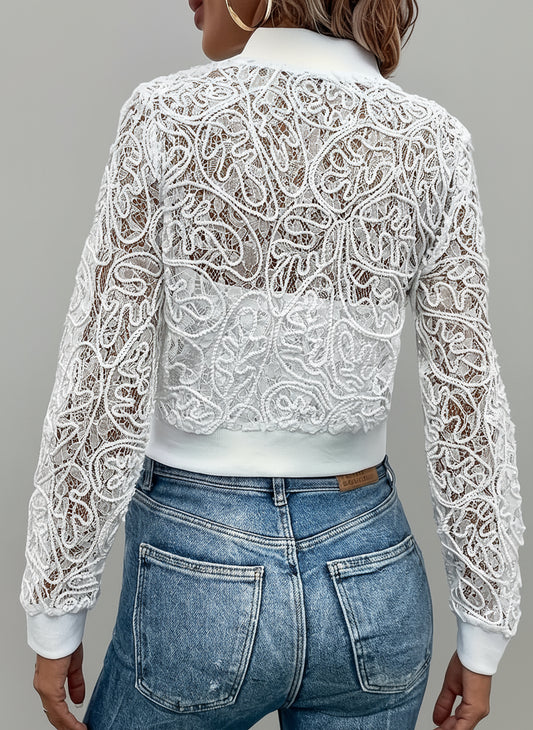 Ravetta Lace Mesh Cropped Bomber Jacket