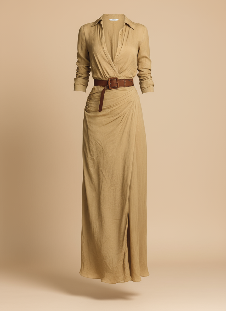 Isolene long-sleeve belted maxi dress