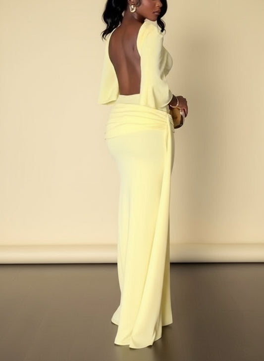 Donella Yellow Cape Backless Maxi Dress
