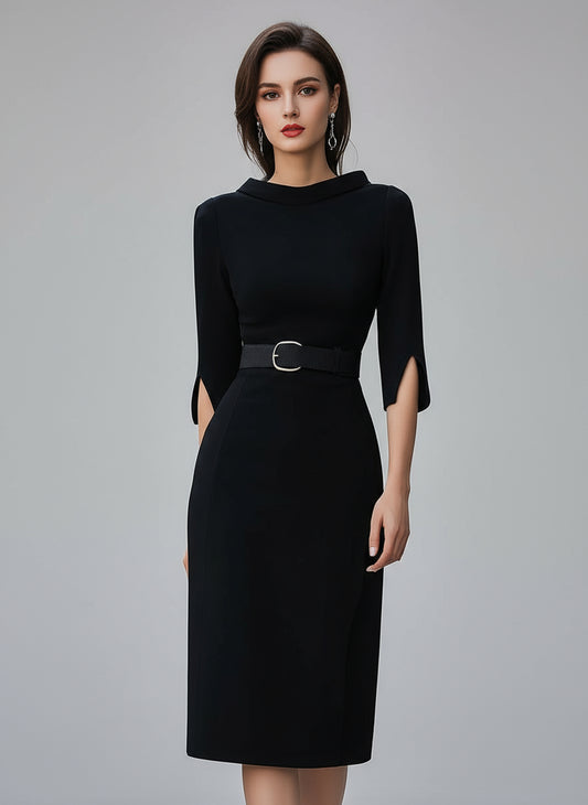 Venisse Black Belted Midi Dress