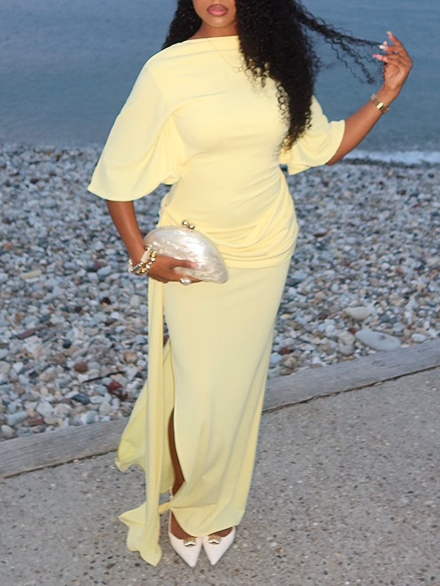 Donella Yellow Cape Backless Maxi Dress