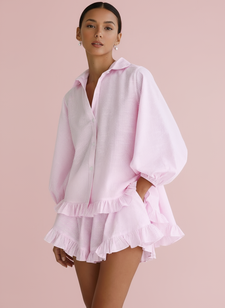Nerissa Striped Lapel Bubble Sleeve Ruffle Shorts Set