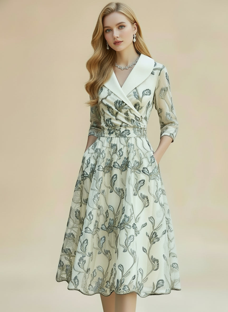 Avelora Embroidered Silver Leaf Midi Dress