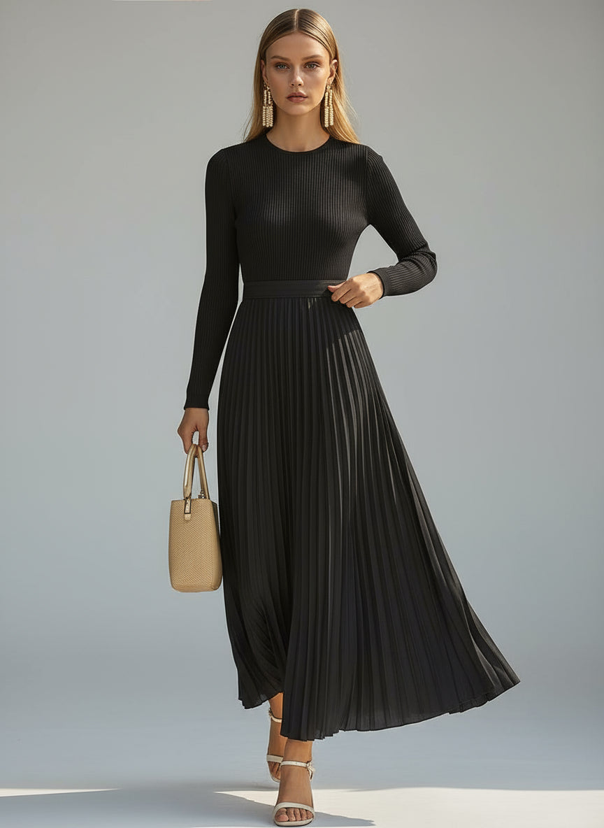 Emanuela Knit and Chiffon Pleated Maxi Dress