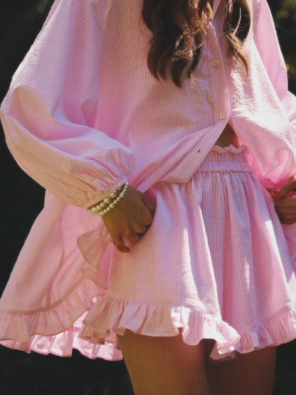 Nerissa Striped Lapel Bubble Sleeve Ruffle Shorts Set