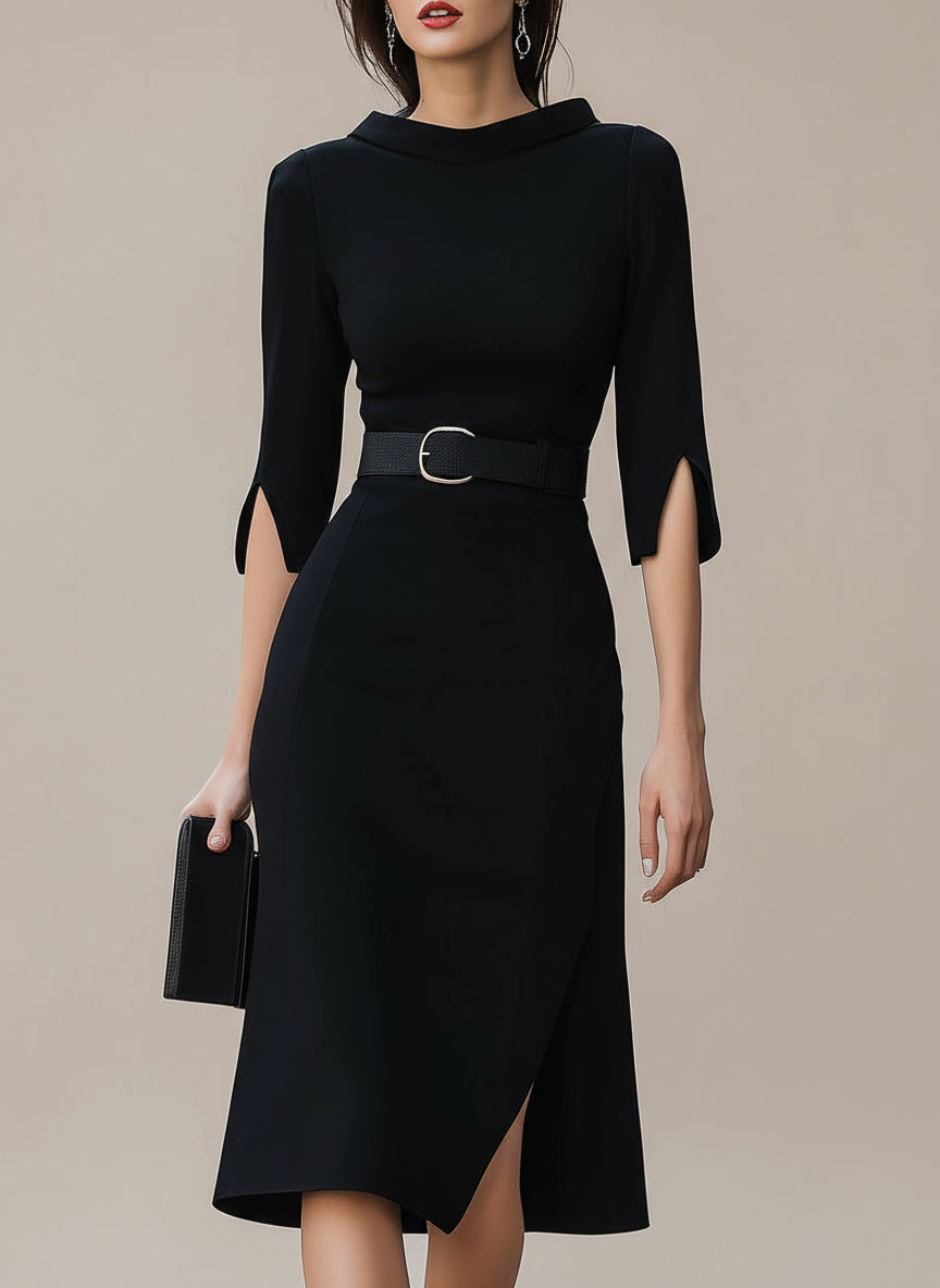 Venisse Black Belted Midi Dress