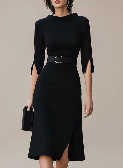 Venisse Black Belted Midi Dress
