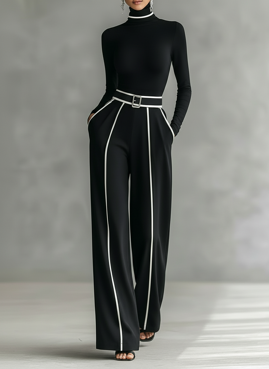 Alessandra White Trimmed Turtleneck Two-Piece Set