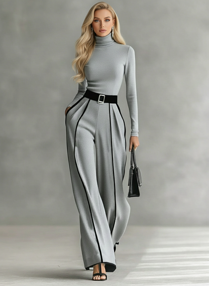 Alessandra White Trimmed Turtleneck Two-Piece Set
