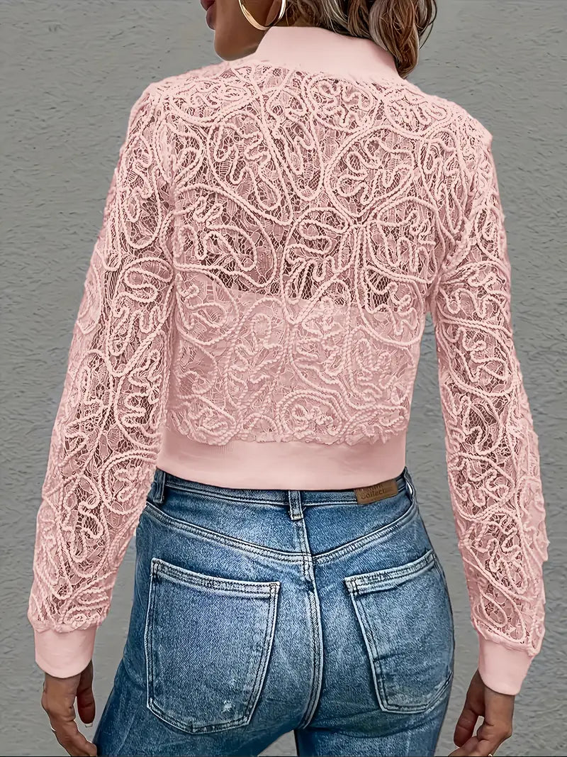 Ravetta Lace Mesh Cropped Bomber Jacket