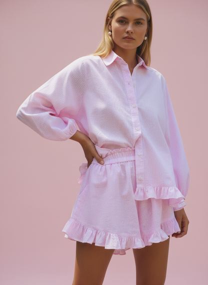 Nerissa Striped Lapel Bubble Sleeve Ruffle Shorts Set