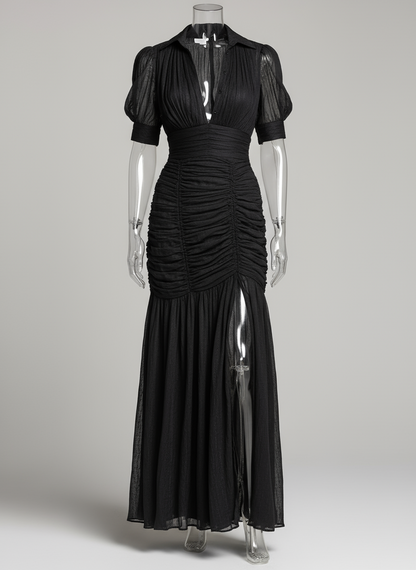 Blanche Chiffon Pleated Lapel Maxi Dress