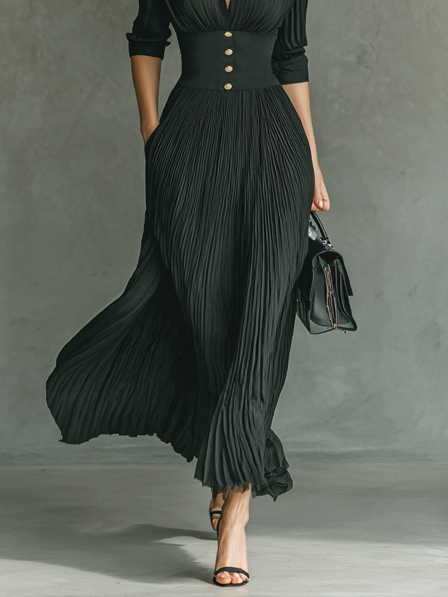 Maison Pleated Lapel Maxi Dress