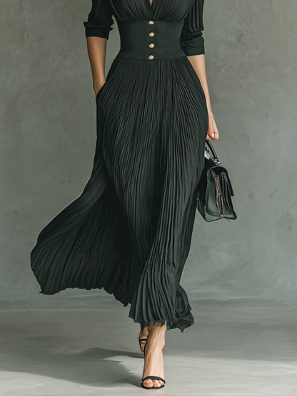 Maison Pleated Lapel Maxi Dress