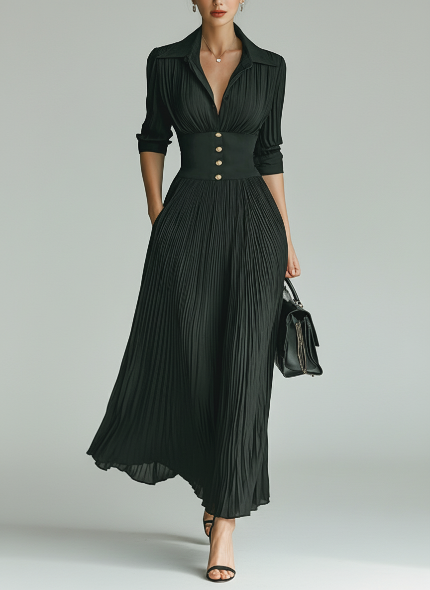 Maison Pleated Lapel Maxi Dress