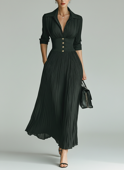 Maison Pleated Lapel Maxi Dress
