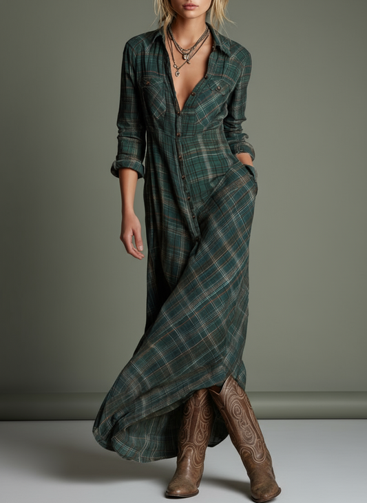Delphina Plaid Lapel Maxi Dress
