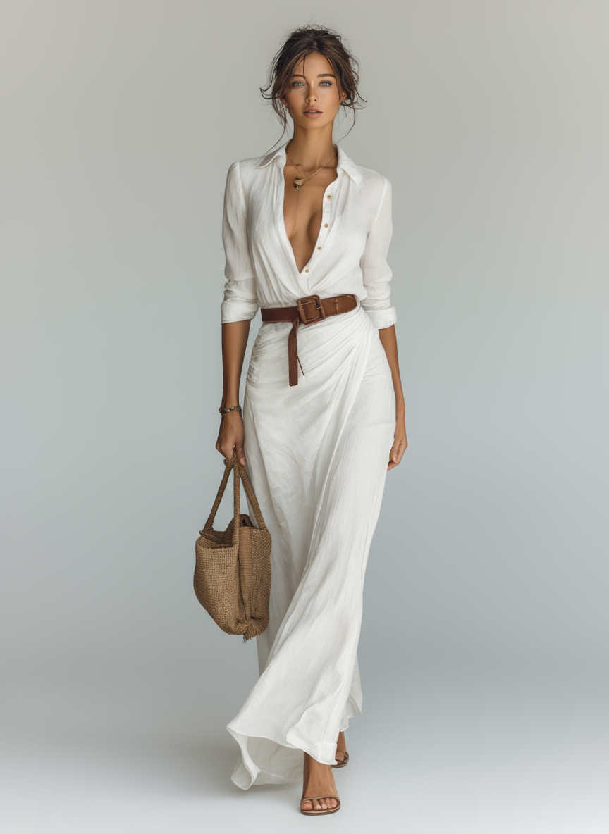 Isolene long-sleeve belted maxi dress