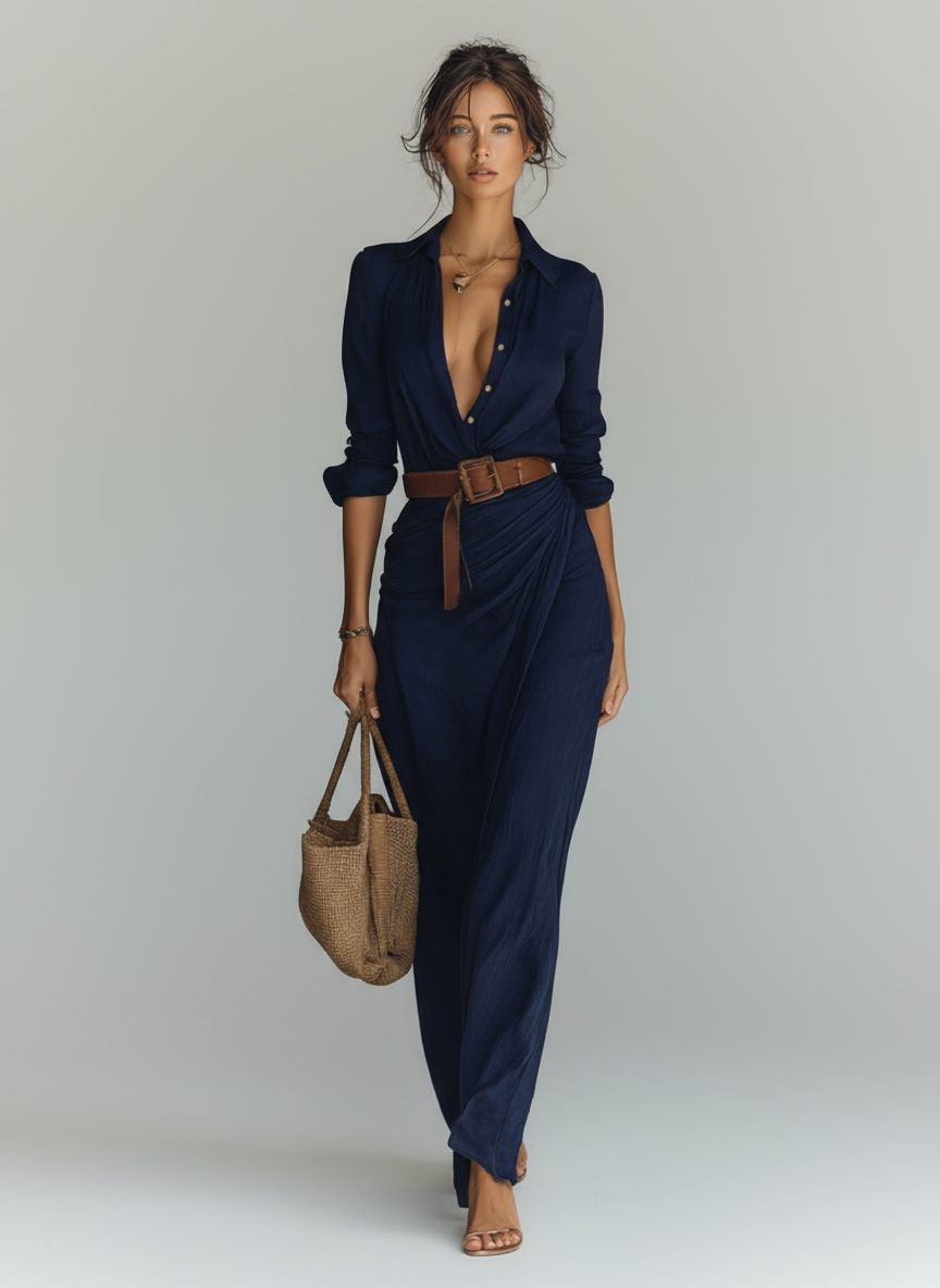 Isolene long-sleeve belted maxi dress