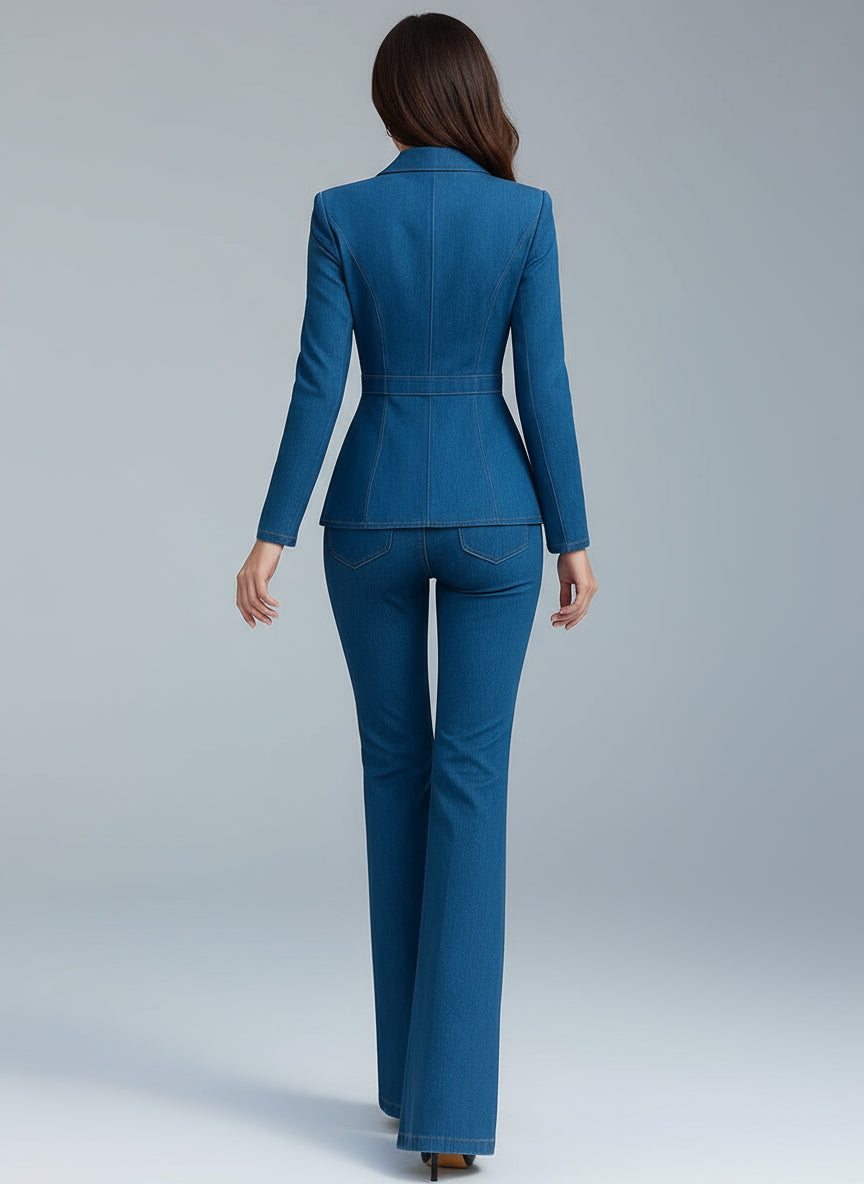 Nivara Blue Denim Blazer - Flared Pants Set