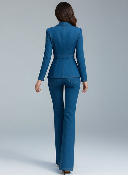 Nivara Blue Denim Blazer - Flared Pants Set