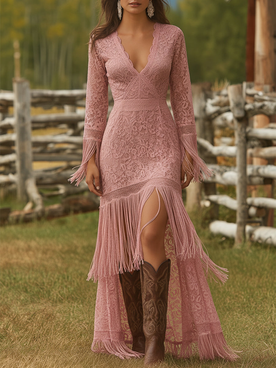 Luciana-inspired lace maxi dress