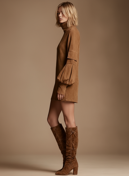 Bellevie Vintage Suede Turtleneck Mini Dress
