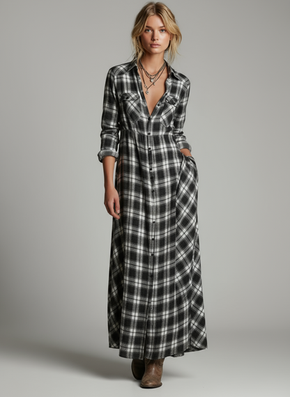 Delphina Plaid Lapel Maxi Dress