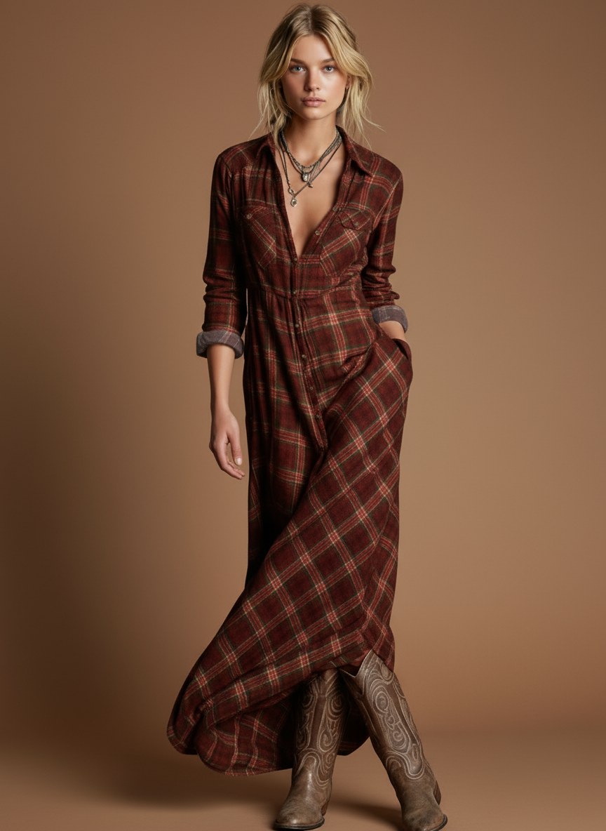 Delphina Plaid Lapel Maxi Dress