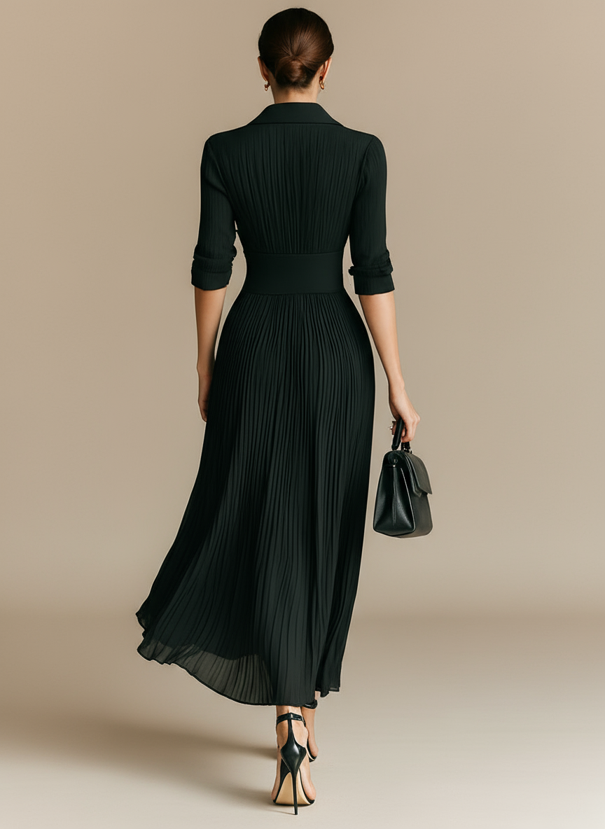 Maison Pleated Lapel Maxi Dress