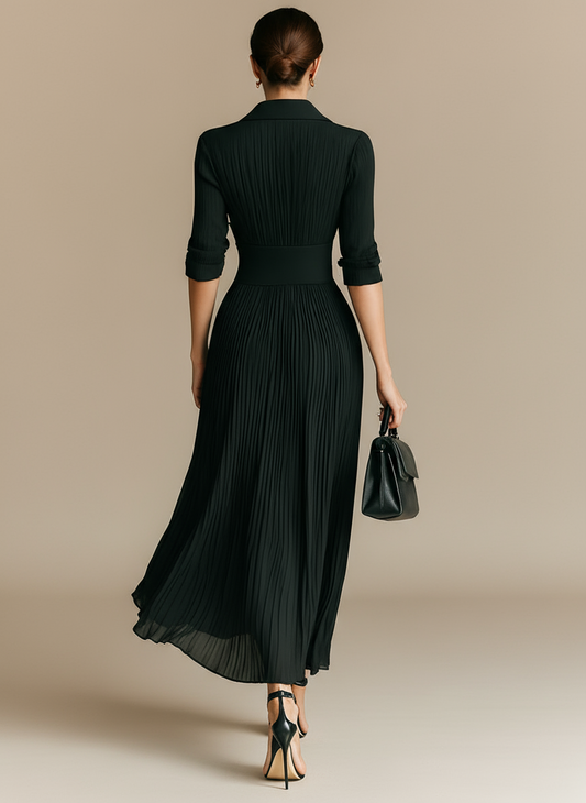 Maison Pleated Lapel Maxi Dress