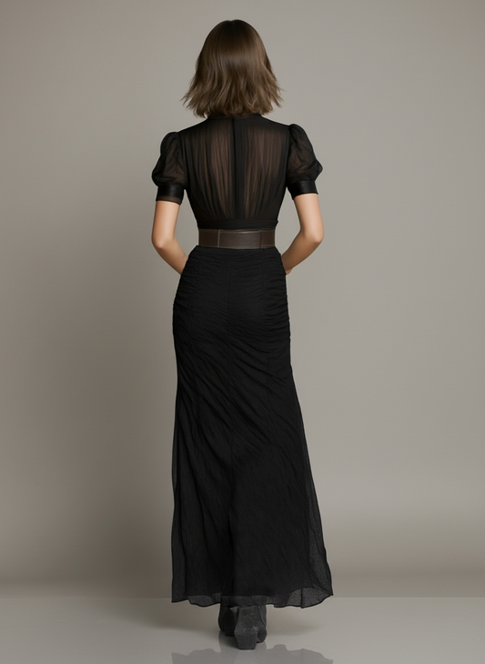 Blanche Chiffon Pleated Lapel Maxi Dress