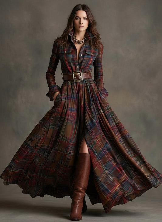 Liorena Reddish Brown Plaid Maxi Dress