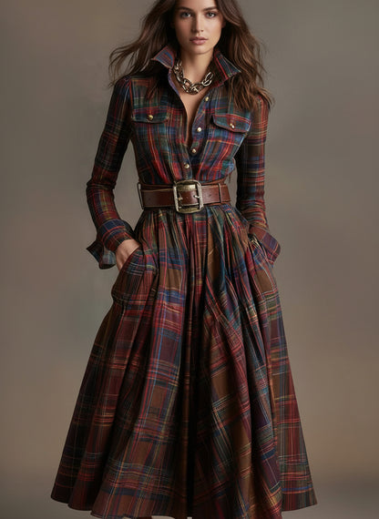 Liorena Reddish Brown Plaid Maxi Dress