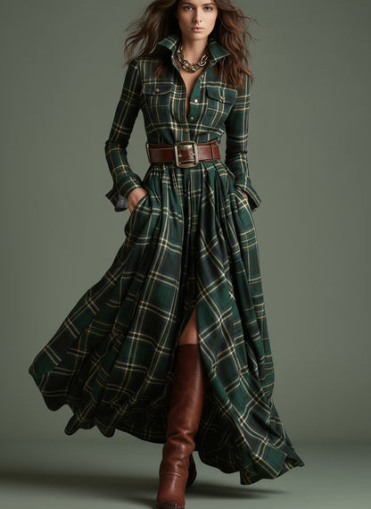 Liorena Reddish Brown Plaid Maxi Dress