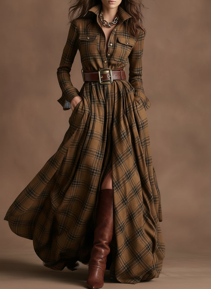 Liorena Reddish Brown Plaid Maxi Dress