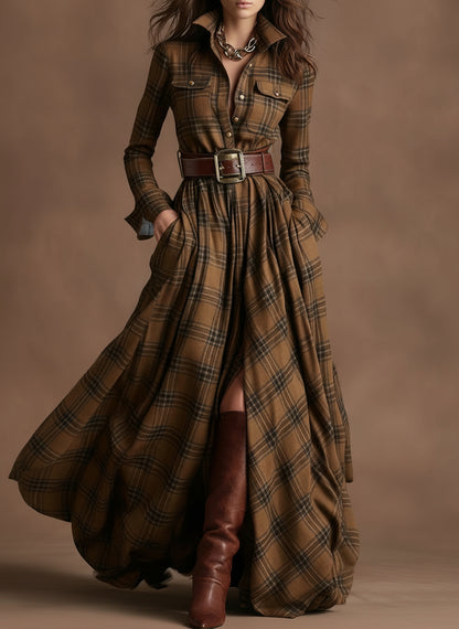 Liorena Reddish Brown Plaid Maxi Dress