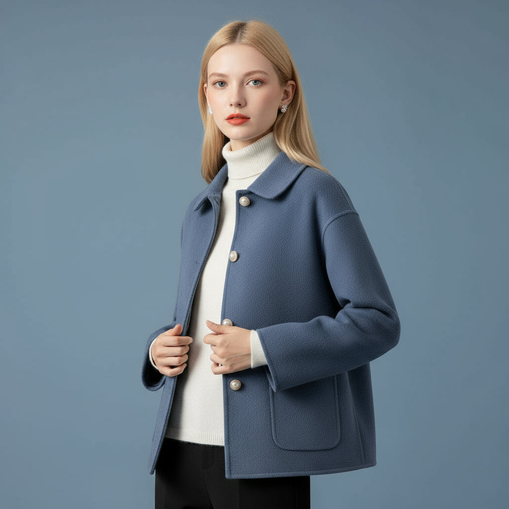 Woman wearing a blue coat over a white sweater on a blue background