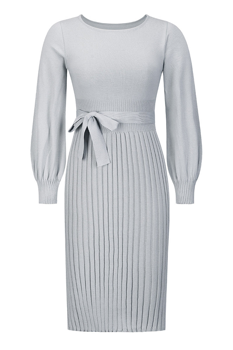 Light gray ribbed dress with a belt on a white background