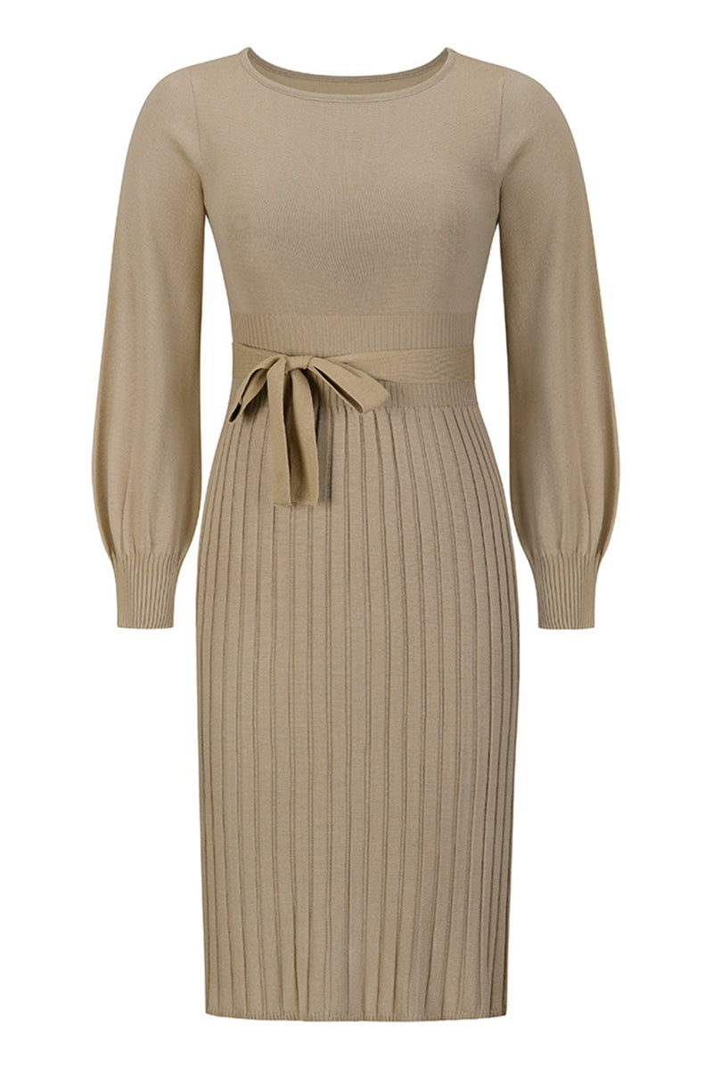 Beige ribbed dress with a belt on a white background