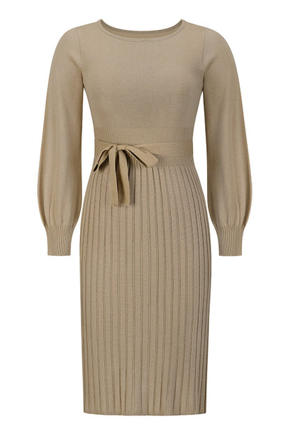 Beige ribbed dress with a belt on a white background