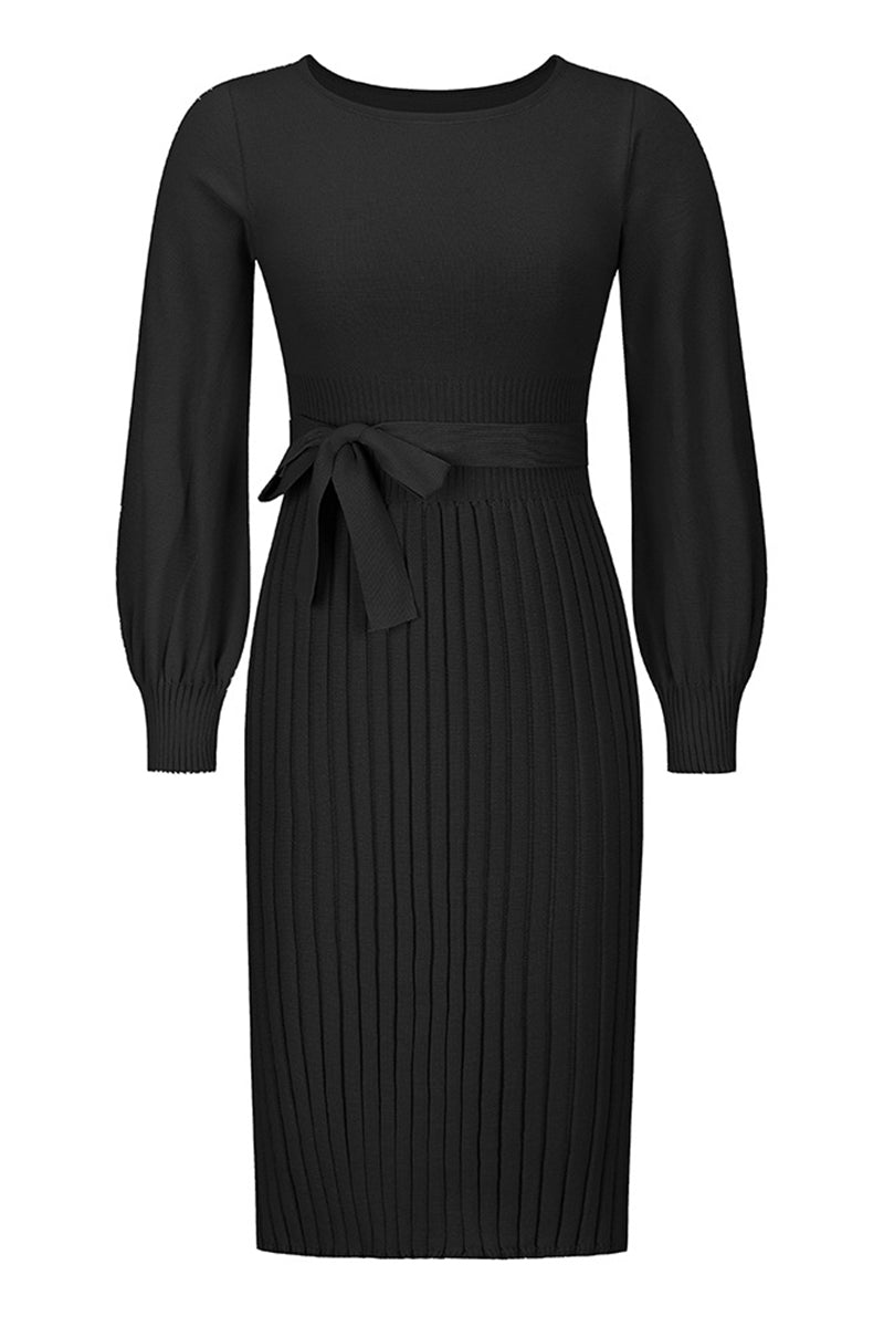 Black dress with long sleeves and a belt on a white background
