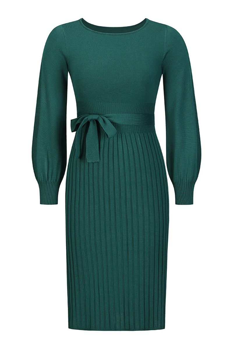 Green ribbed dress with long sleeves on a white background