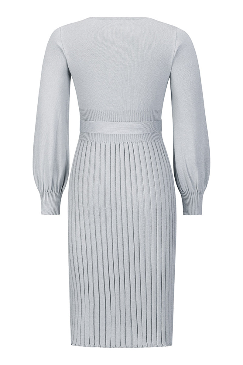 Light gray ribbed dress with long sleeves on a white background