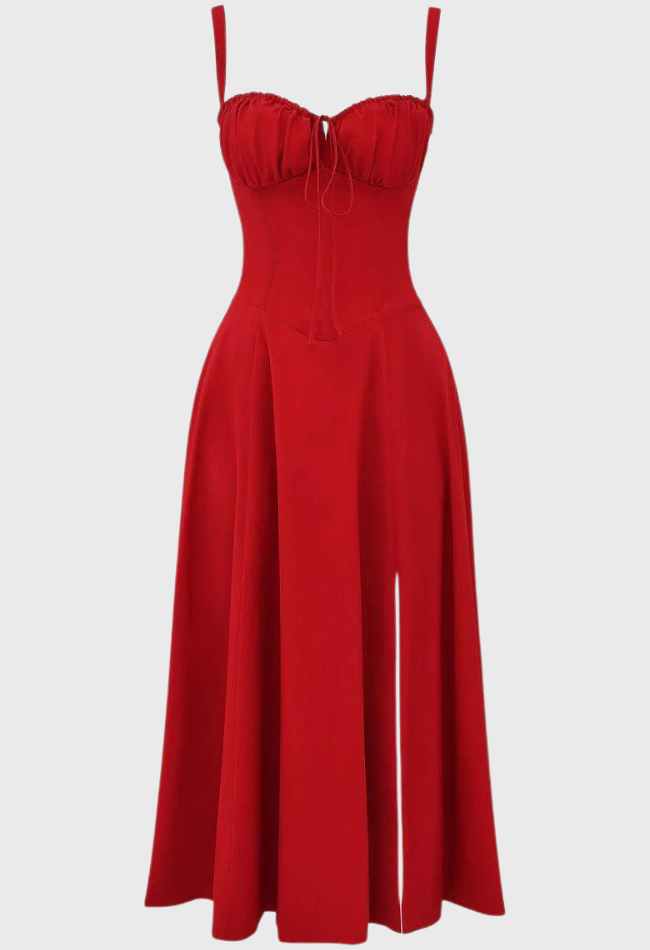 Red dress with thin straps on a light gray background