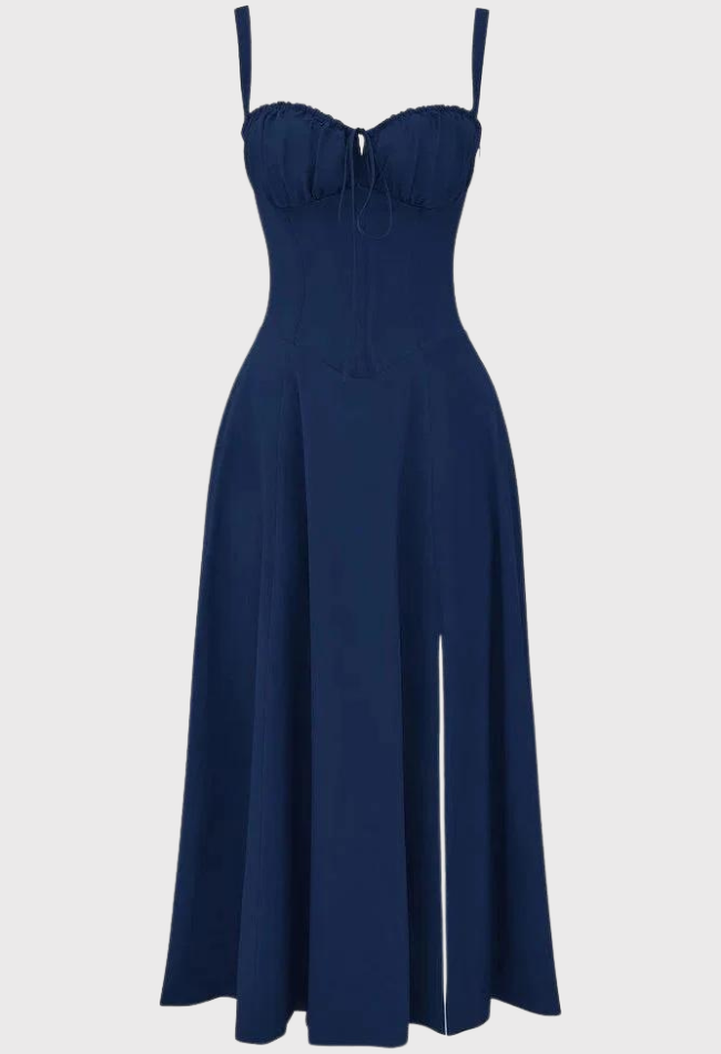 Navy blue strapless jumpsuit on a light gray background