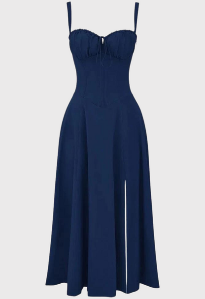 Navy blue strapless jumpsuit on a light gray background