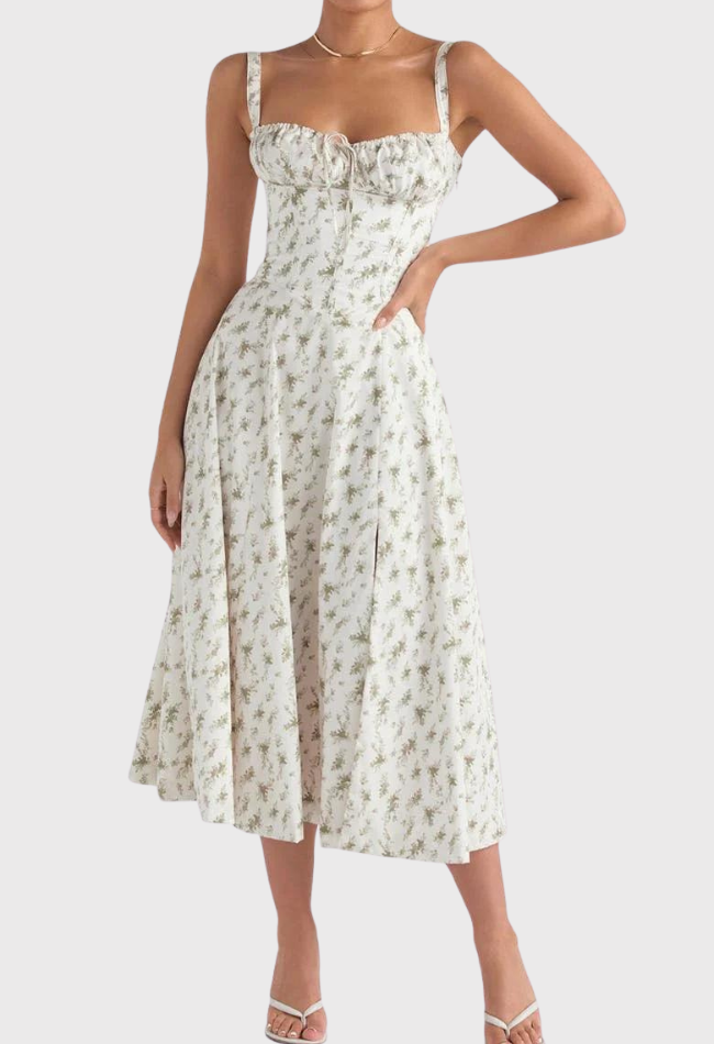 Woman wearing a floral dress on a white background