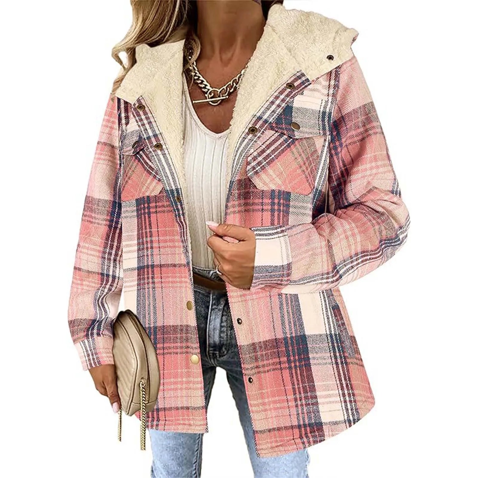 Plaid jacket with white hood worn by a person on a white background