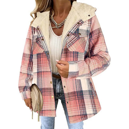 Plaid jacket with white hood worn by a person on a white background